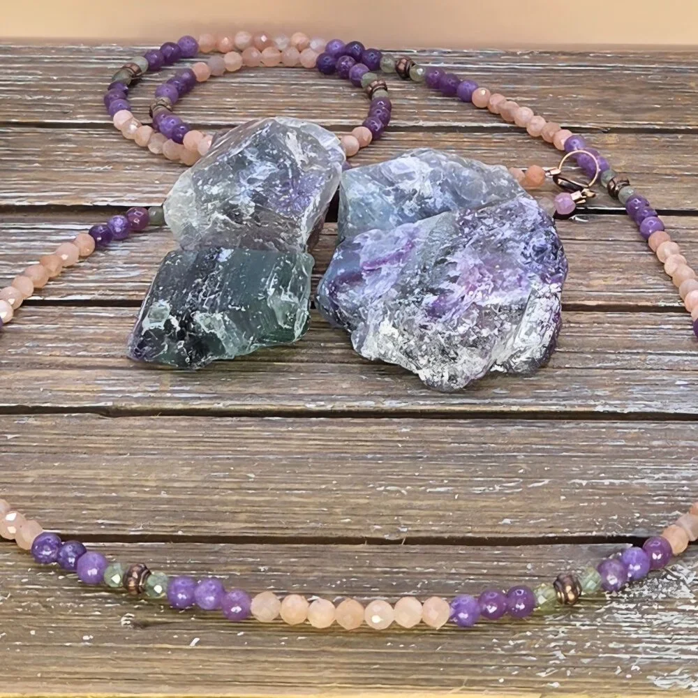 Peach Moonstone, Lepidolite, Green Apatite and Copper Beaded Necklace